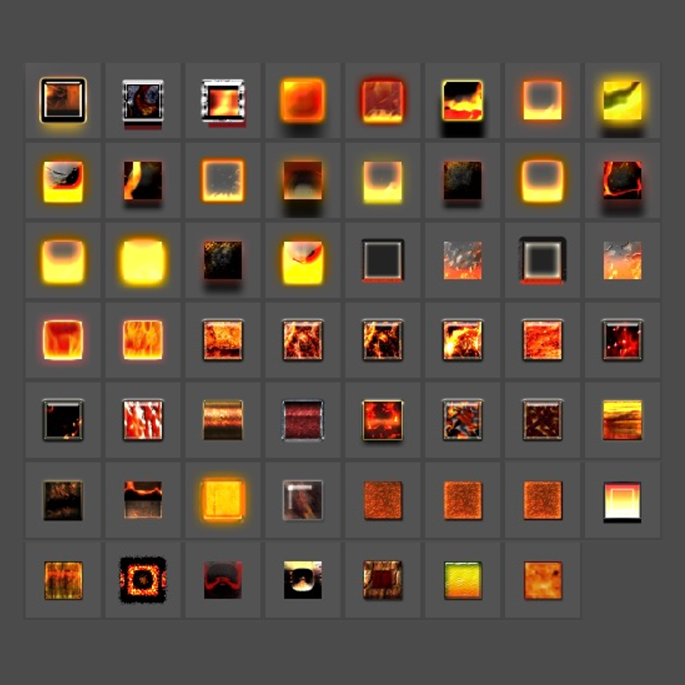 Fire & Lavaの収録スタイル55種。Photoshopの実際のスタイルパネルのサムネイル一覧。