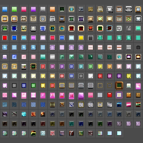Gem & Glitterの収録スタイル208種。Photoshopの実際のスタイルパネルのサムネイル一覧。