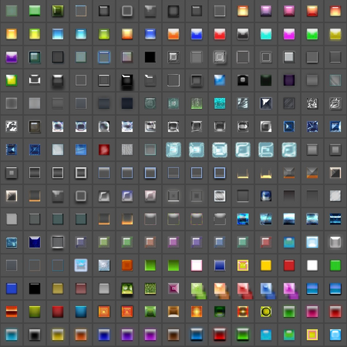 Glass & Plasticの収録スタイルの一部225種。Photoshopの実際のスタイルパネルのサムネイル一覧。