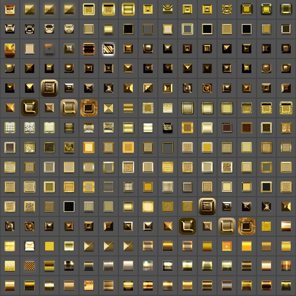 Goldの収録スタイルの一部225種。Photoshopの実際のスタイルパネルのサムネイル一覧。