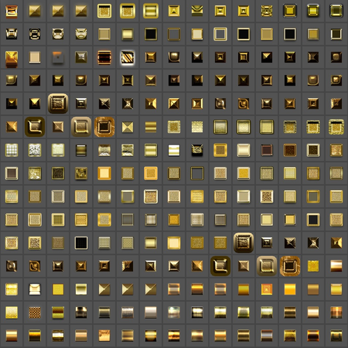 Goldの収録スタイルの一部225種。Photoshopの実際のスタイルパネルのサムネイル一覧。