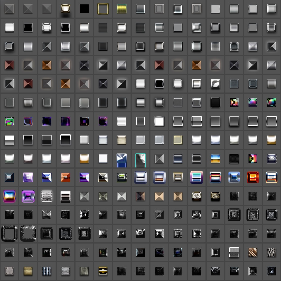 Metalの収録スタイルの一部225種。Photoshopの実際のスタイルパネルのサムネイル一覧。