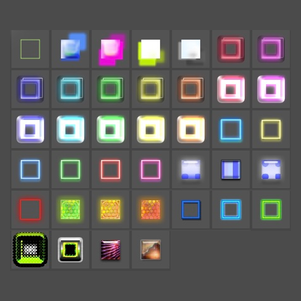 Neon & Lightの収録スタイル39種。Photoshopの実際のスタイルパネルのサムネイル一覧。